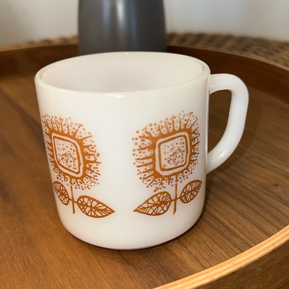 Federal Milk Glass Mug with Brown Sunflowers. MCM